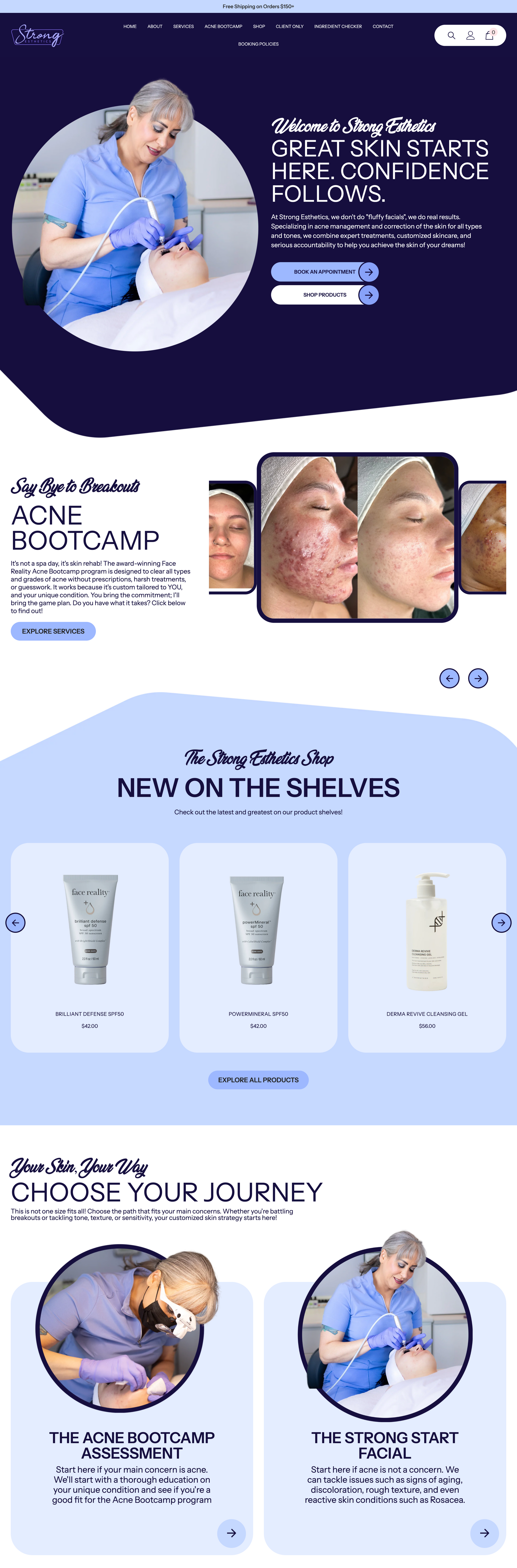 Website layout with medical aesthetic services, including before/after photos and product displays.