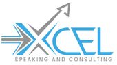 A blue and gray logo for excel speaking and consulting