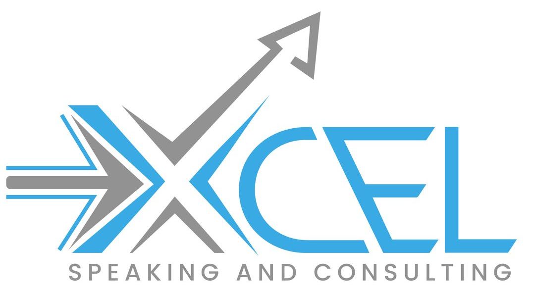 A blue and gray logo for excel speaking and consulting