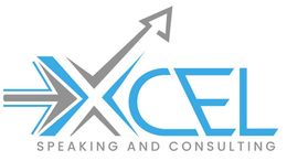 A blue and gray logo for excel speaking and consulting