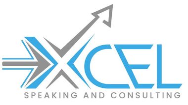 A blue and gray logo for excel speaking and consulting