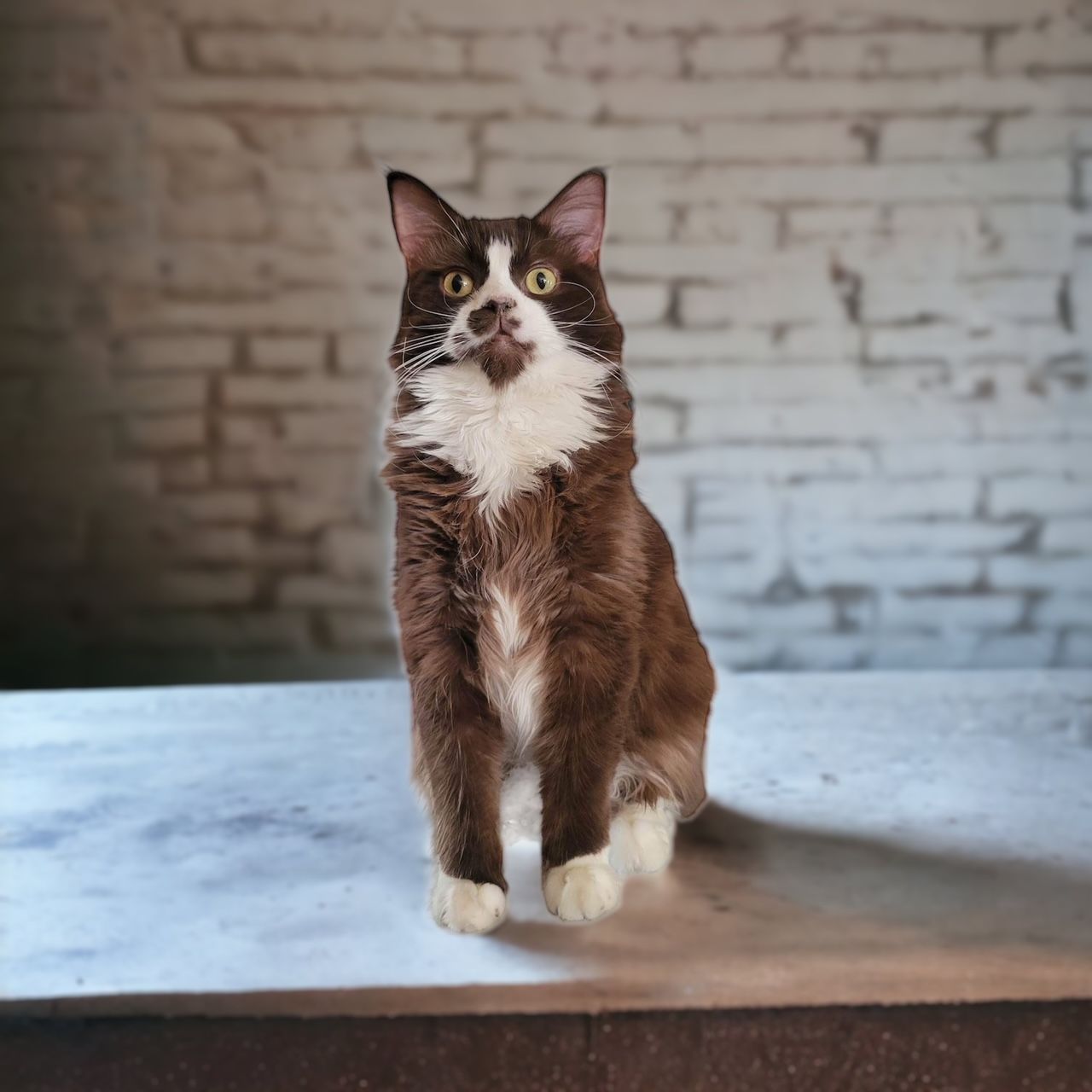 A brown and white cat is sitting on a table in front of a brick wall