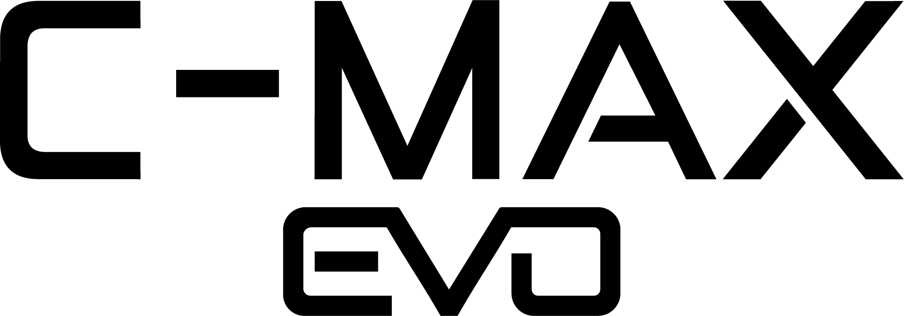 Un logotipo en blanco y negro para c-max evo sobre un fondo blanco.