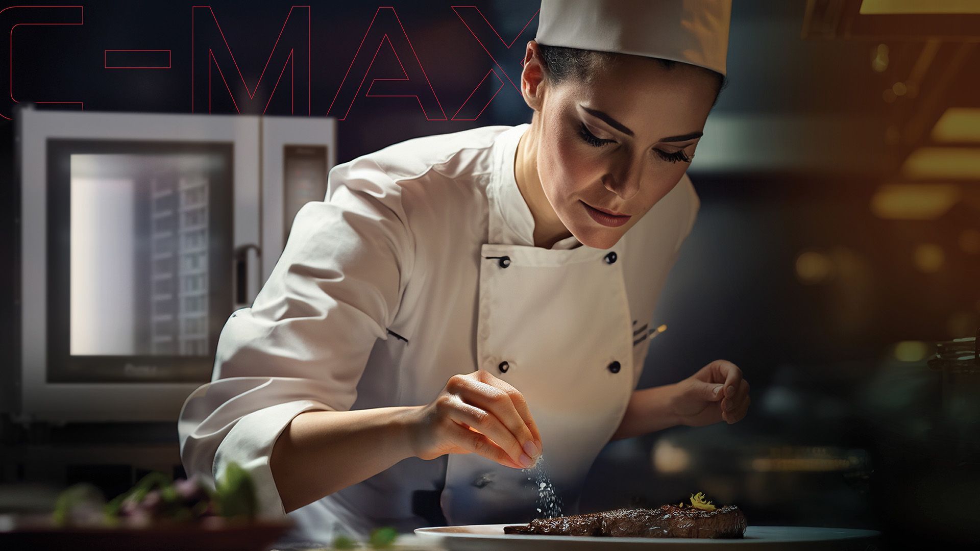 Una chef está decorando un plato de comida en una cocina.