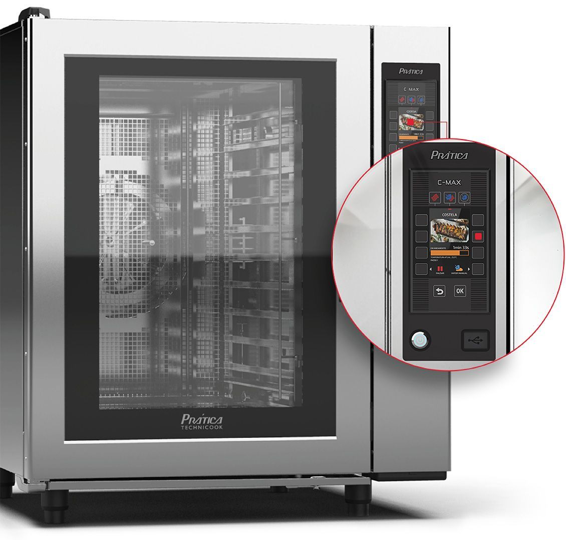 Un horno de convección de acero inoxidable con puerta de vidrio.