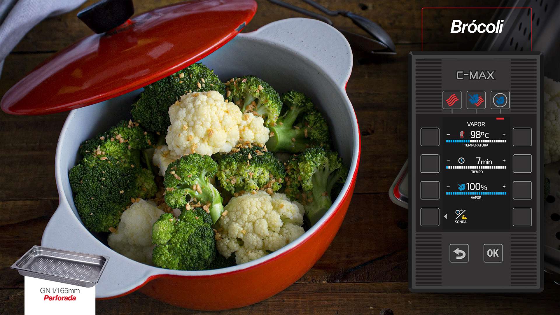 Una olla llena de brócoli y coliflor junto a una pantalla que dice brócoli