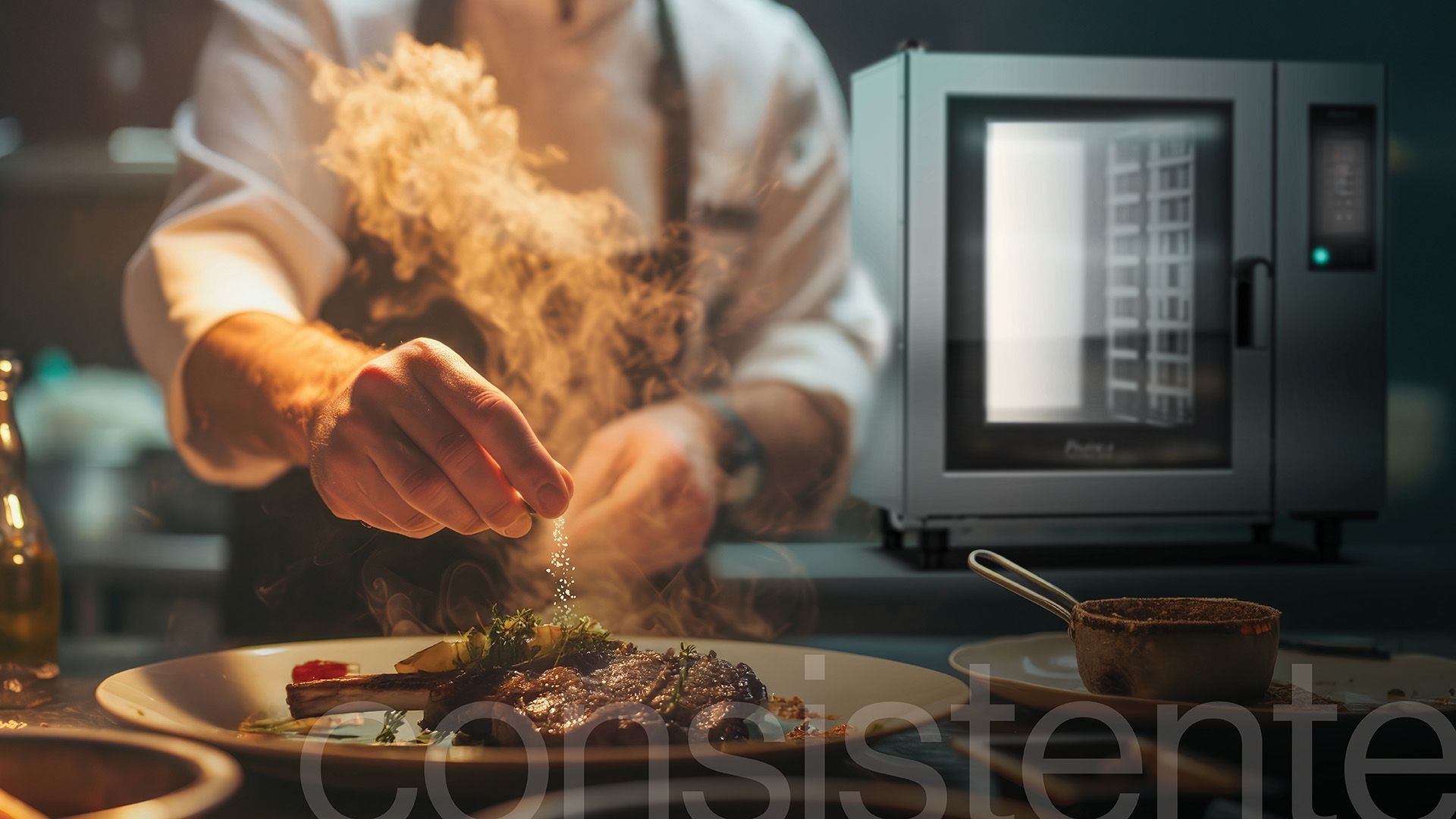 Un chef está preparando un plato de comida en una cocina.