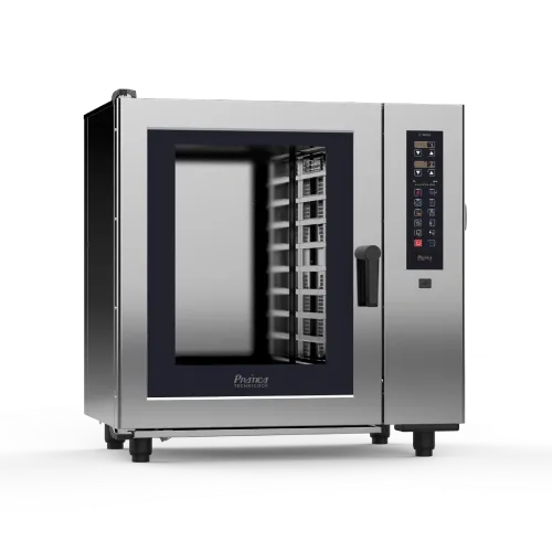 Un horno de convección comercial de acero inoxidable con puerta negra sobre fondo blanco.