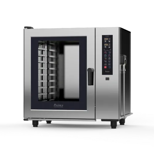 Un horno de convección de acero inoxidable con puerta de cristal sobre un fondo blanco.