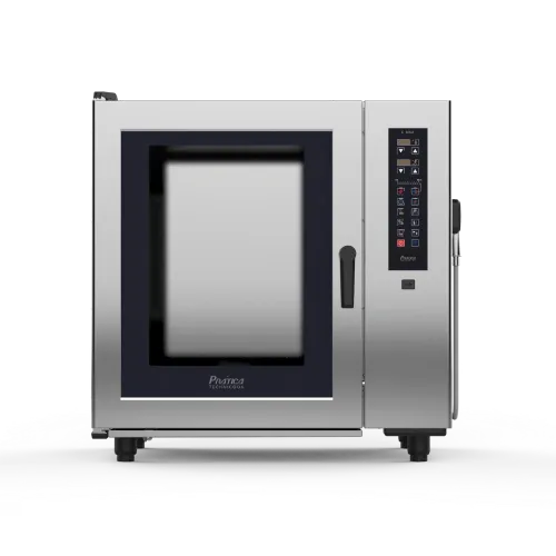 Un horno de acero inoxidable con puerta de cristal sobre un fondo blanco.