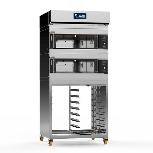 Un horno de acero inoxidable con una escalera unida a él sobre un fondo blanco.