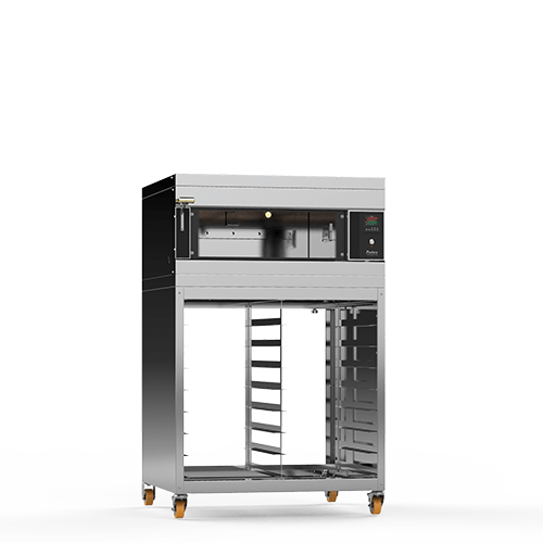 Un horno de acero inoxidable con ruedas sobre un fondo blanco.