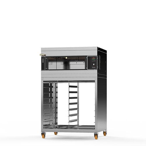 Un horno de acero inoxidable con ruedas sobre un fondo blanco.