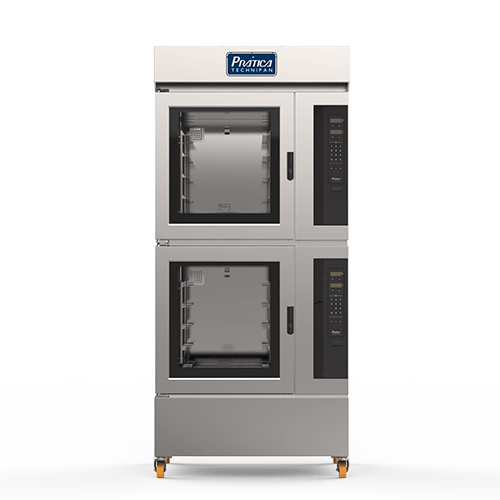 Un horno de acero inoxidable se apila uno encima del otro sobre un fondo blanco.