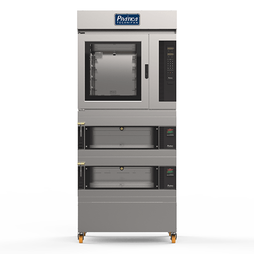 Un horno de acero inoxidable con tres bandejas sobre un fondo blanco.