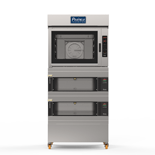 Un horno de acero inoxidable se apila uno encima del otro sobre un fondo blanco.