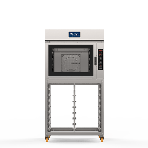 Un horno de acero inoxidable con ruedas sobre un soporte sobre un fondo blanco.
