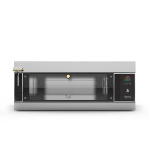 Um forno de aço inoxidável com uma porta de vidro em um fundo branco.