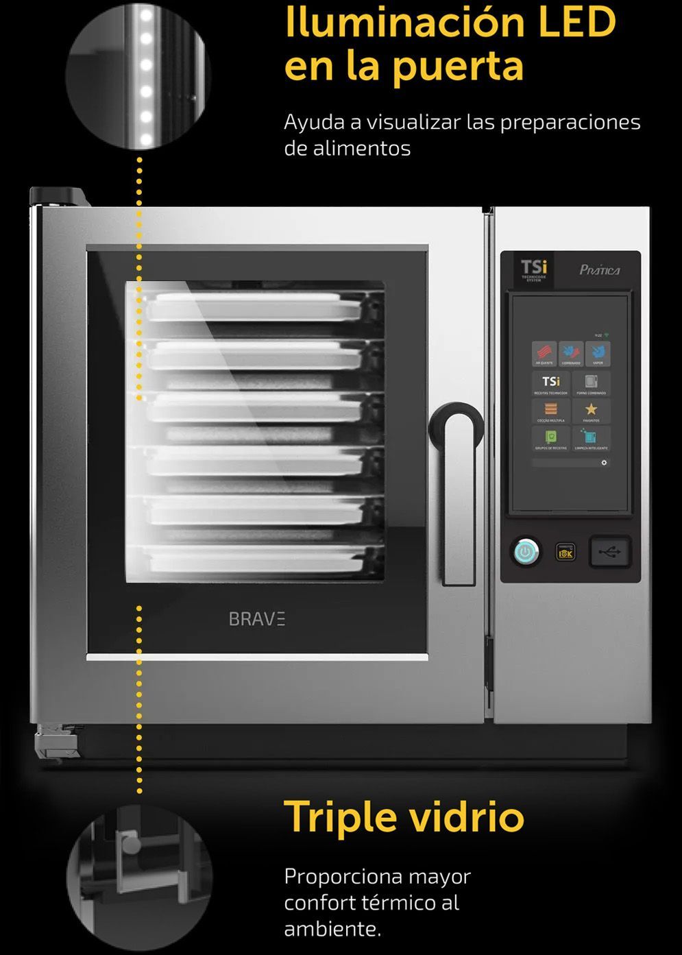 A picture of an oven with the words iluminacion led en la puerta triple vidrio