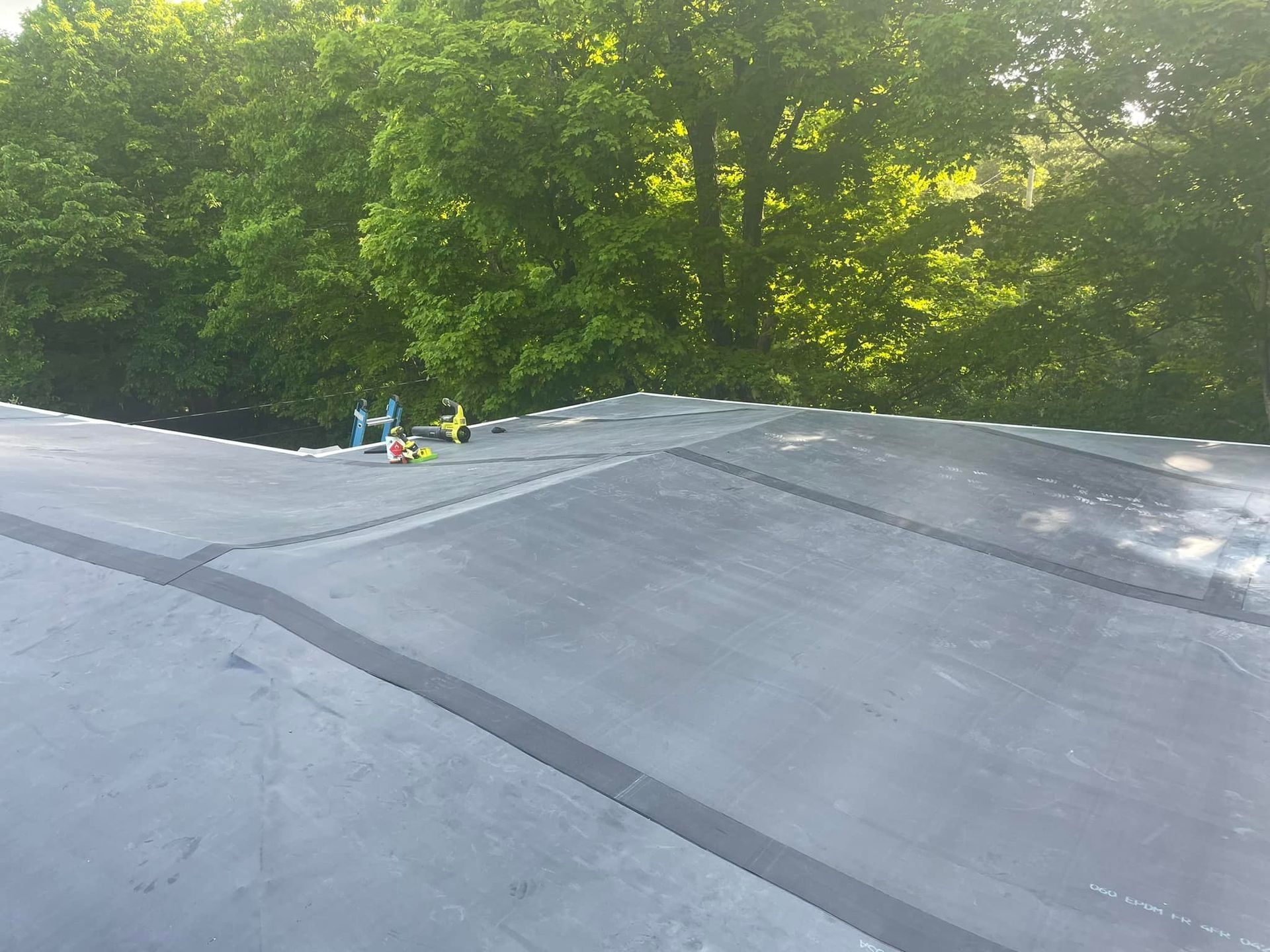 A roof with a lot of trees in the background