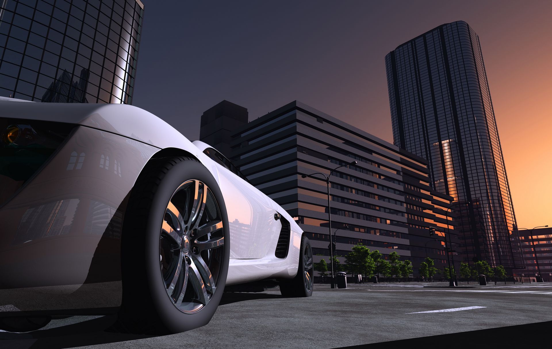 A white sports car is parked in front of a city skyline