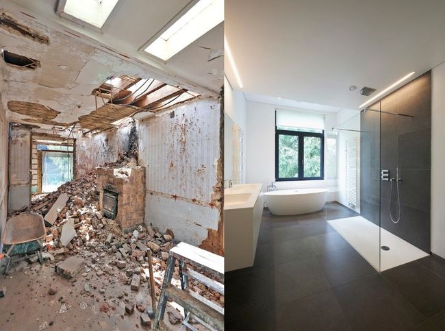 Before-and-after of a demolished bathroom, with rubble, contrasted to a modern bathroom with a tub and shower.