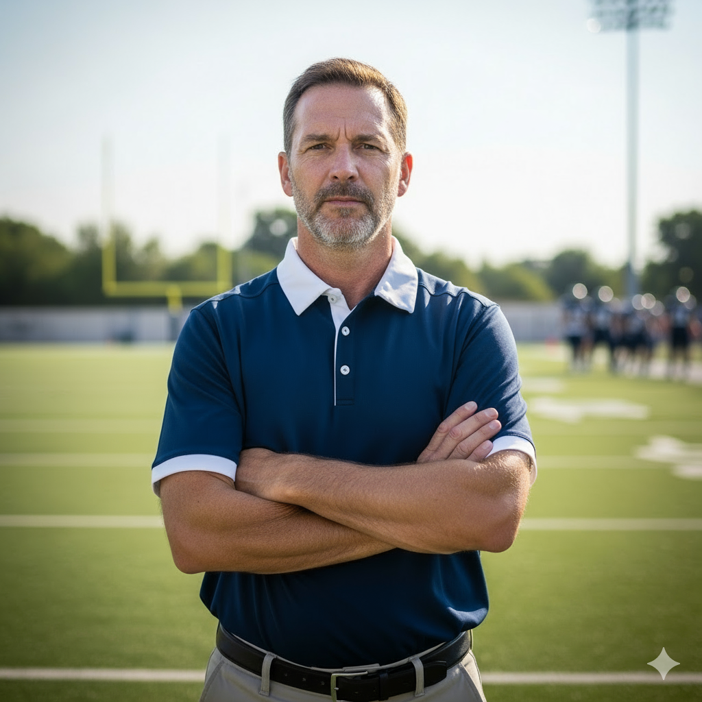 Football coach with arms crossed, standing on a football field. He wears a navy polo shirt and gray pants.