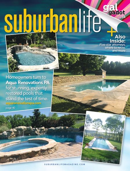 Suburban Life magazine cover featuring home pool photos and a landscaped backyard with turquoise water