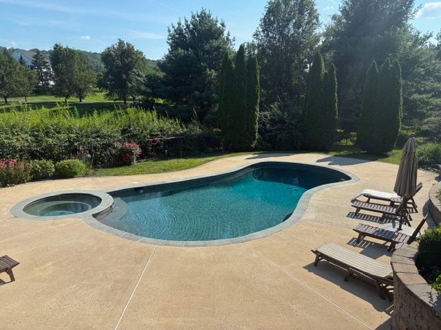Pool with a dark blue interior, surrounded by light concrete patio.