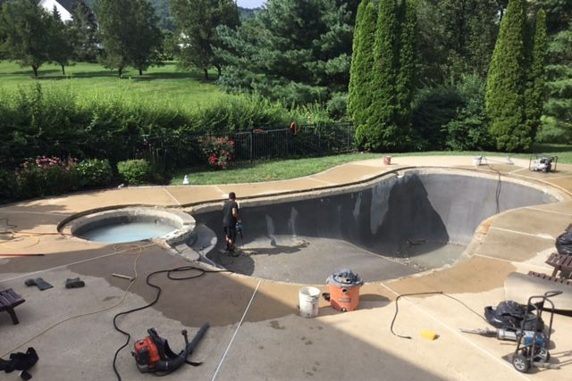 An empty rectangular pool with a beige surface surrounded by a brown border, in a grassy yard, with a shed.