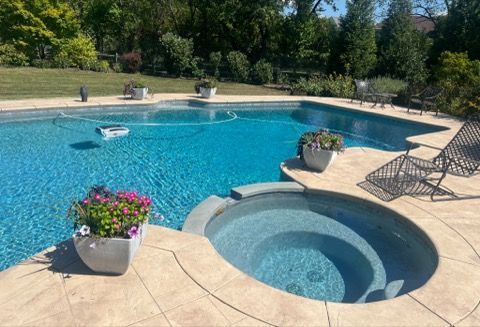 Pool with a dark blue interior, surrounded by light concrete patio.