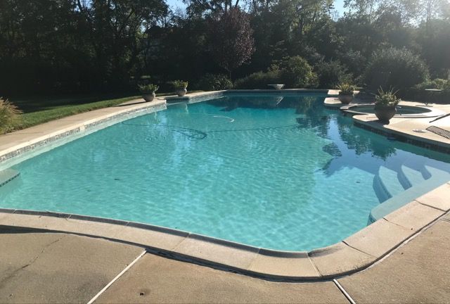 Person swimming in a small outdoor pool surrounded by stonework and wooden decking; trees in the background.