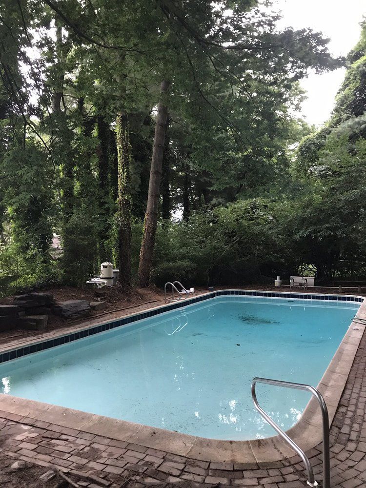 Swimming pool surrounded by brick, trees, and greenery.