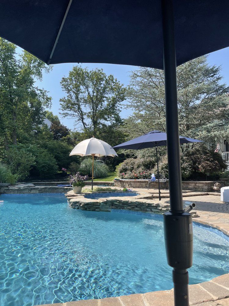 Poolside scene with blue water, umbrellas, and lush greenery on a sunny day.
