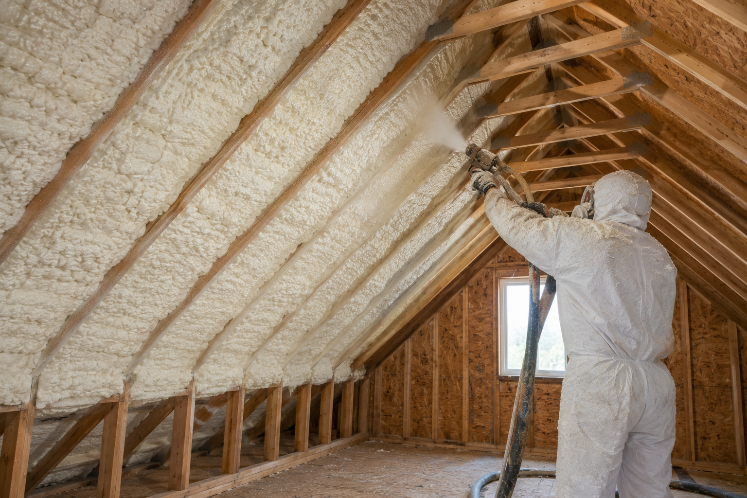A man dressed in full protective suite using spray gun to apply spray foam to the underside of a roof.