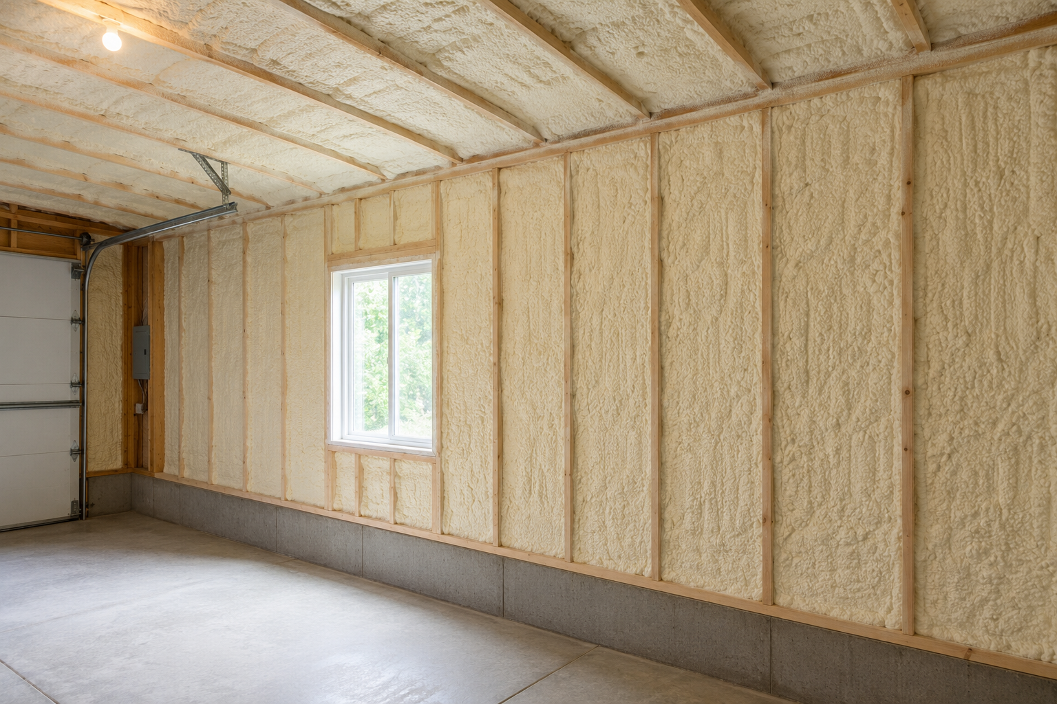 A new garage insulated with spray foam prior to getting drywall.