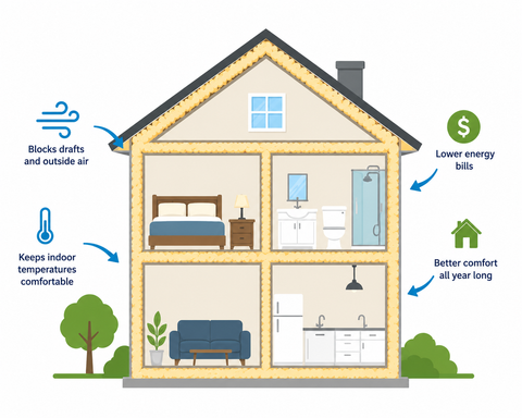 An infographic of a house showing where heat and air loss are most likely