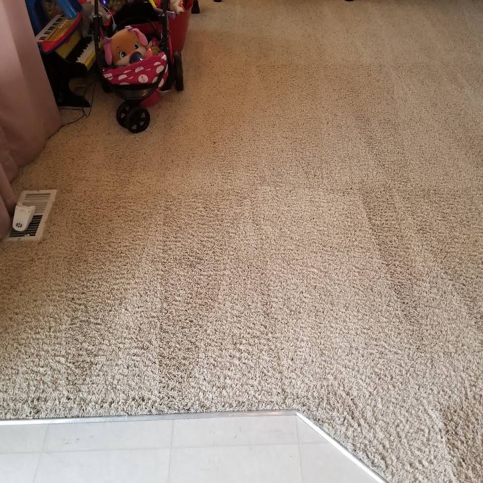 A carpeted floor with a stroller and a stuffed animal on it.