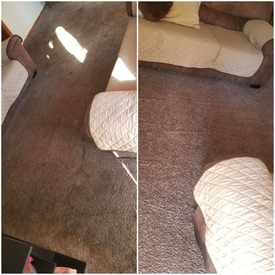 A before and after photo of a living room carpet