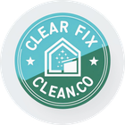 Clear Fix Clean logo: blue-green circle with house icon, text 