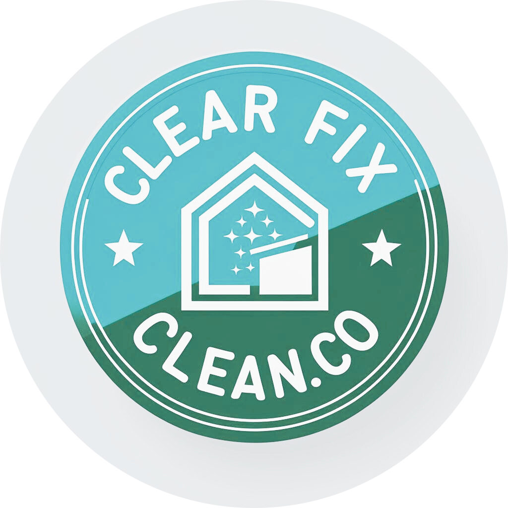 Clear Fix Clean logo: blue-green circle with house icon, text 