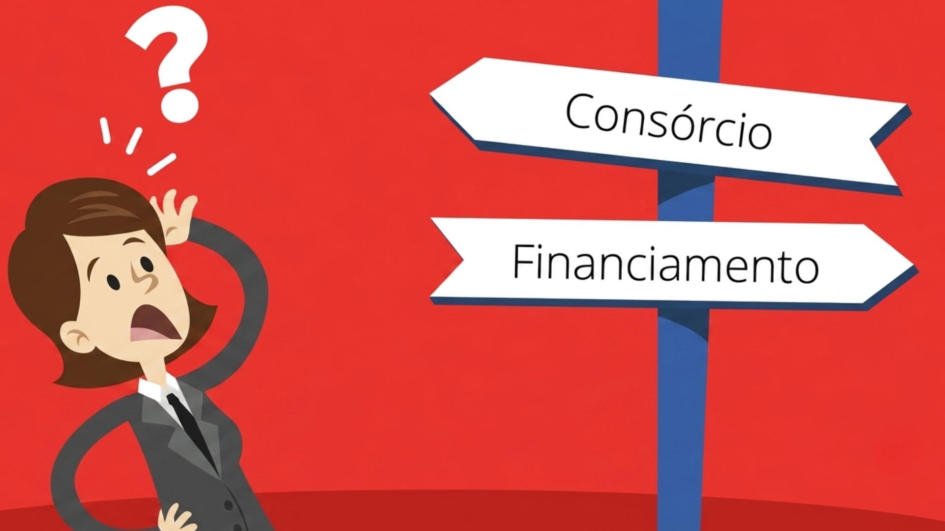 Confused person beside signposts labeled “Consórcio” and “Financiamento” on a red background