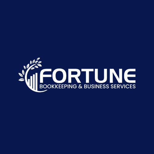 The logo for fortune bookkeeping and business services is on a blue background.