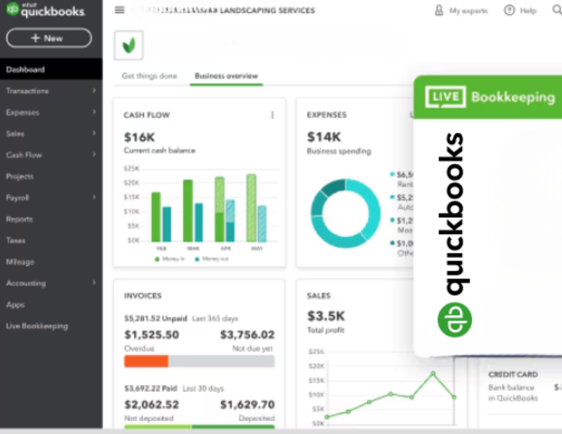A screenshot of a quickbooks dashboard with graphs