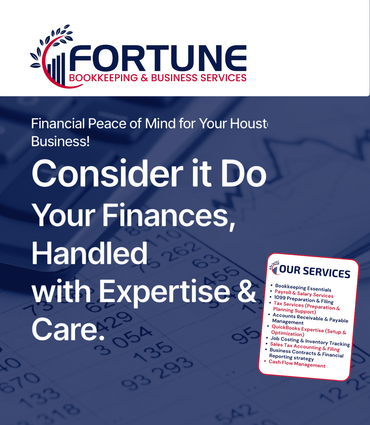 Fortune bookkeeping and business services is offering a 50 % off your first 3 months of monthly bookkeeping.