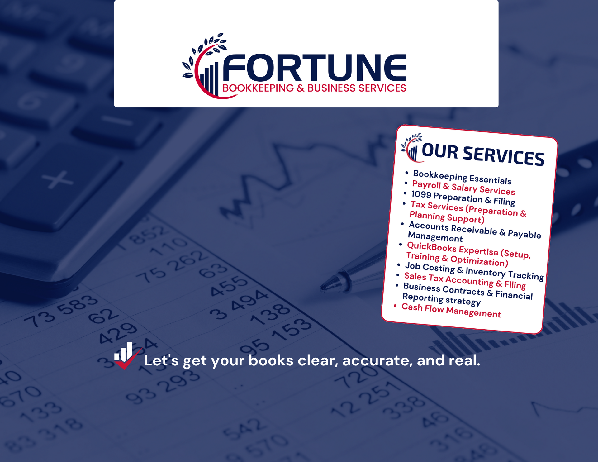 An advertisement for fortune bookkeeping and business services shows a calculator and graphs