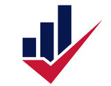 A blue bar graph with a red check mark on a white background.