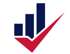 A blue bar graph with a red check mark on a white background.