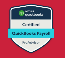 A badge that says ' certified quickbooks payroll proadvisor ' on it
