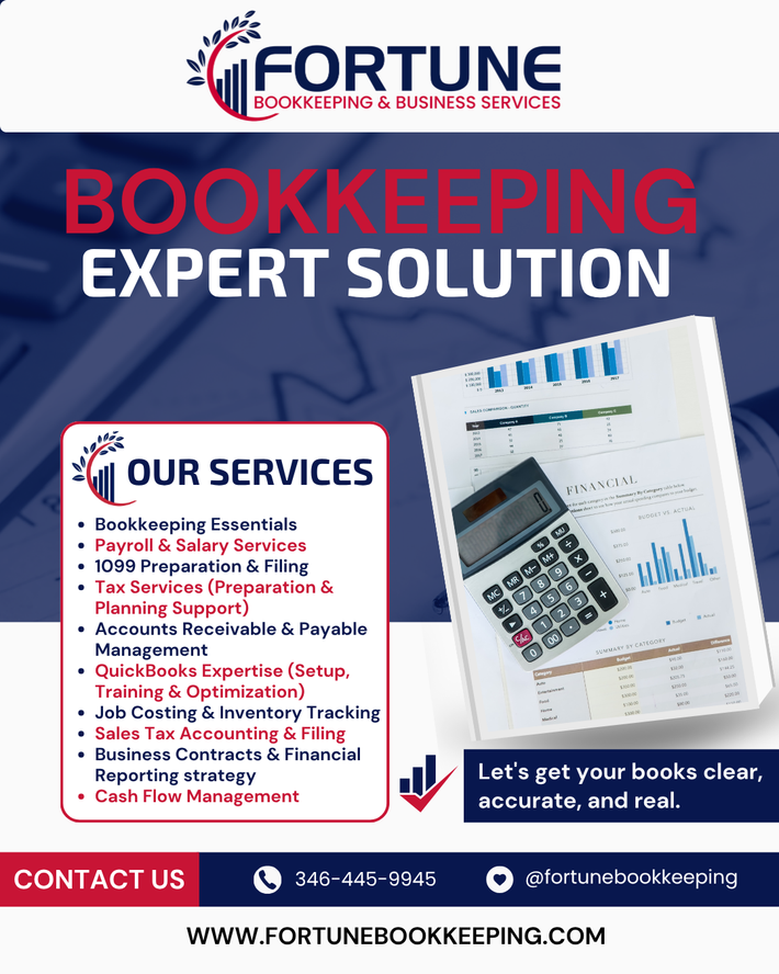 An advertisement for fortune bookkeeping and business services shows a calculator and graphs